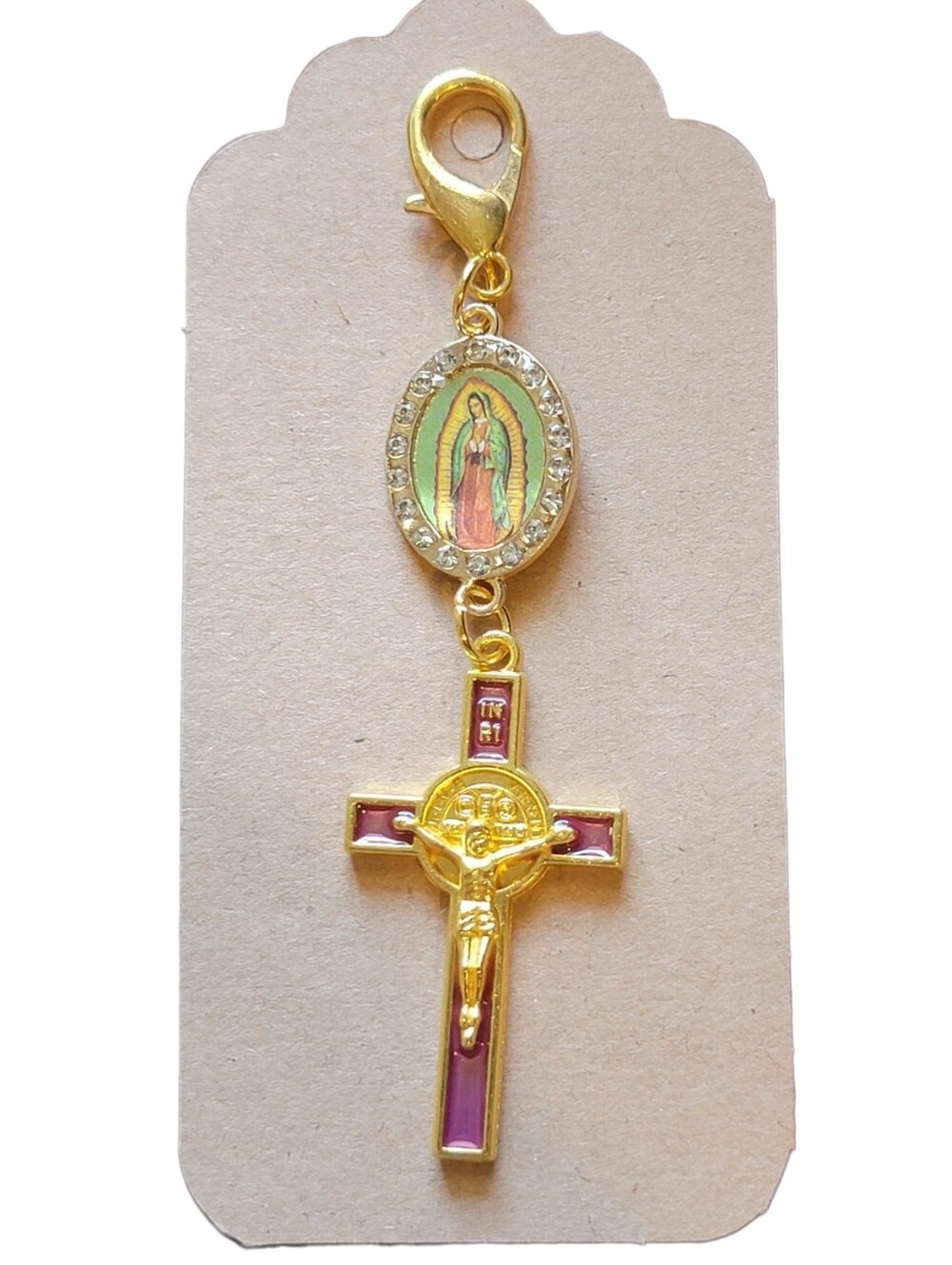 Our Lady of Guadalupe Charm & St Benedict Purple Crucifix Zipper Pull  Keychain